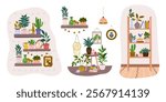 Different plants in flower pots. Isolated elements of home decor: paintings, vases, garlands. Houseplants on shelves, table, floor, bookshelves. Set of cozy indoor decor. Flat vector illustrations.