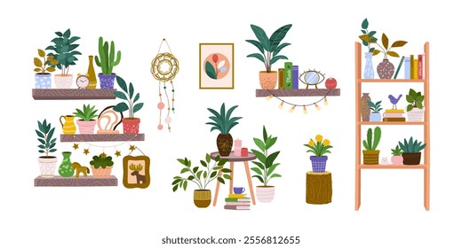 Different plants in flower pots. Isolated elements of home decor. Houseplants on shelves, tables, floor, bookshelves. Set of cozy indoor decor. Flat vector illustrations on white background.