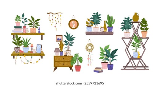 Different plants in flower pots. Isolated elements of home decor. Houseplants on shelves, side table, floor, bookshelves, plant stand. Set of cozy indoor decor. Flat vector illustrations on white.