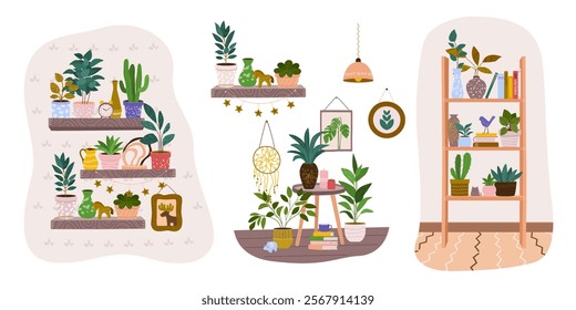 Different plants in flower pots. Isolated elements of home decor: paintings, vases, garlands. Houseplants on shelves, table, floor, bookshelves. Set of cozy indoor decor. Flat vector illustrations.