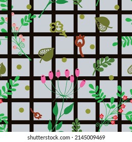 Different plants and flowers on a dark grid. Seamless pattern.A vector file is useful for creating your designs.
