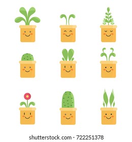 Different plants in the pots with faces, different characters
