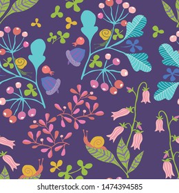 
different plants and snails on a purple background