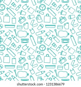 Different plastic bottles and containers are painted on white background, the theme is no plastic and zero waste. Seamless pattern.
