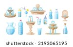 Different plastic, glass water packaging and fountains set. Bottle, jug, glass, cup with fresh clean water and classic marble fountains. Water related symbols cartoon vector