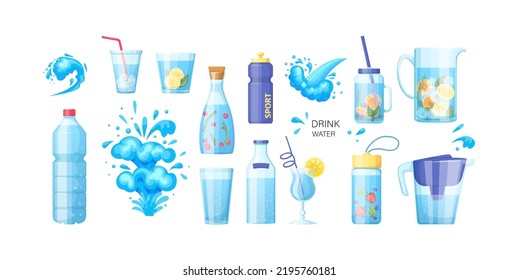 Diferentes envases de plástico y agua de vidrio. Botella, jarra, filtro, vidrio y taza con agua limpia y fresca y limonada con fruta y bayas. Plantillas de diseño de portador de dibujos animados de paquetes