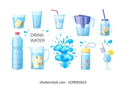Different plastic and glass water packaging set. Bottle, jug, filter, glass and cup with fresh clean water and lemonade with fruit and berries. Design templates of packaging mockup cartoon vector