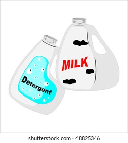Different plastic jugs with detergent and milk on white background