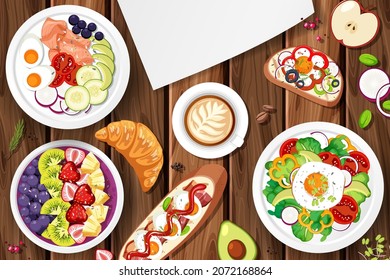 Diferentes platos de comida en la ilustración de la mesa