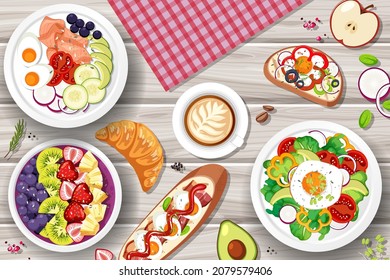 Different plates of food on the table  illustration