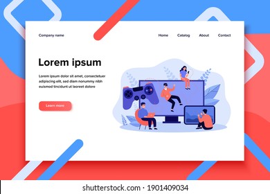 Different platforms for online games. People using computers, mobile phone, touchscreen, VR glasses for playing video games. Vector illustration for technology or entertainment concept