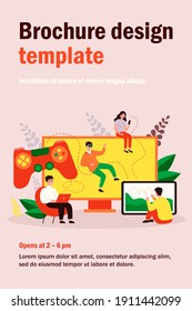 Different platforms for online games. People using computers, mobile phone, touchscreen, VR glasses for playing video games. Vector illustration for technology or entertainment concept