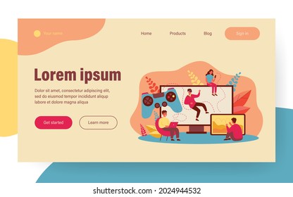 Different platforms for online games. People using computers, mobile phone, touchscreen, VR glasses for playing video games. Vector illustration for technology or entertainment concept