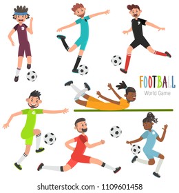 Different players at the time of the ball color flat illustration set. Football player glides on the stomach on the grass illustration
