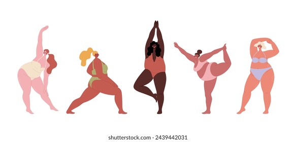 Different plus size women in swimsuits doing exercises. Curvy female body. Body positive concept