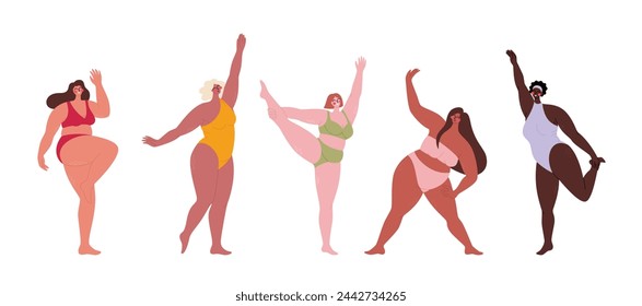 Different plus size women in swimsuits doing exercises. Curvy female body. Body positive concept