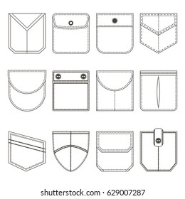 Different Pocket Thin Line Black Icon Set Part of Clothing Style Design Elements. Vector illustration