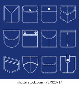Different Pocket Thin Line White Icon Set Part of Clothing Style Design Elements. Vector illustration