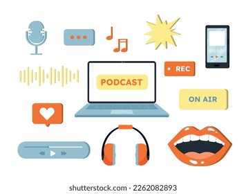 Different podcast stuff set. Collection of graphic elements for website. Lips, laptop, microphone and audio message icon, reaction. Cartoon flat vector illustrations isolated on white background