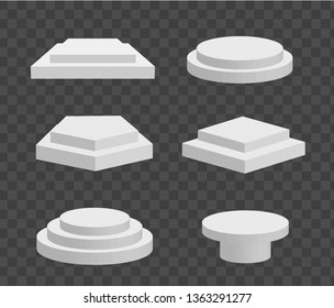 Different podiums with steps set. White square and round podium. Mockup template, vector illustration