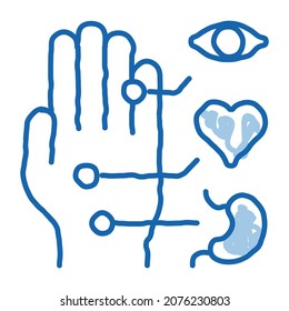 different points of impact of organs on arm sketch icon vector. Hand drawn blue doodle line art different points of impact of organs on arm sign. isolated symbol illustration