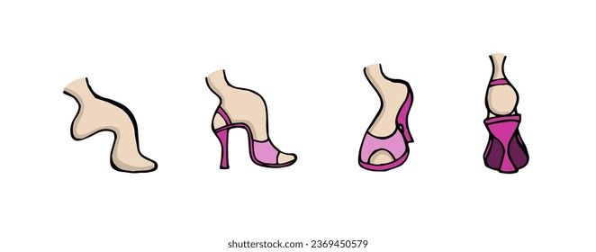 Different points of view of a woman feet wearing heeled shoes. Set, collection. Comic cartoon colorful hand drawn style vector illustration isolated on white background.