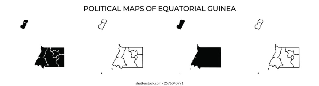 Different political maps illustrate the geographic divisions of Equatorial Guinea. Each map highlights distinct regions and their boundaries clearly designed for educational use.