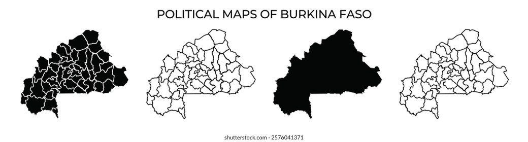 Different political maps illustrate the regions of Burkina Faso, showcasing boundaries and territories in various formats.