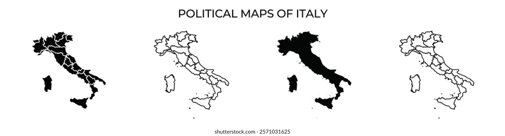 Different political maps of Italy showcase significant territorial divisions and transformations, illustrating the evolution of regions over time and highlighting historical boundaries.