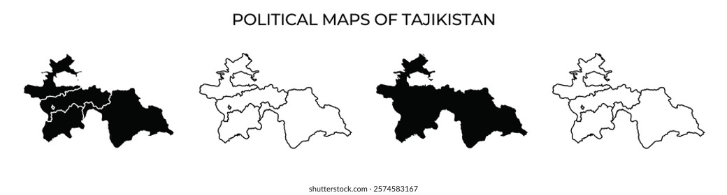 Different political maps of Tajikistan showcase various territories in contrasting colors. Each map represents specific regions and borders at distinct historical moments, depicting changes over time.