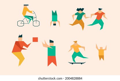 Different Polygonal Cartoon People Vector Set Isolated On White. Outdoor Activity. Trendy Colors. No Face Simple Design