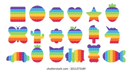 Different Pop It fidget set in rainbow colors. Antistress game for kids. Trendy sensory toy. Vector illustration. Relax push bubbles, hand toy for children. Geometric shapes, food, animals.