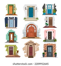 Different porches flat vector illustrations set. House or apartment entrances, brick walls with plants or flowers and lamps around wooden doors isolated on white background. Exterior design concept
