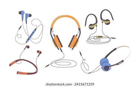 Different portable wired headphones sound audio equipment set isolated on white background