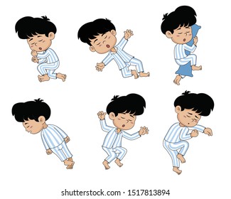 Different pose of a little boy sleeping on a soft bed.He has a good night and sweet dreams.vector and illustration.