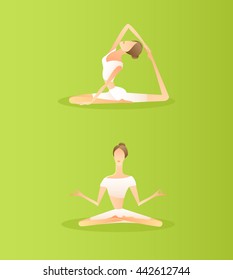 Different pose relaxing   woman on Green calm background. Girl Practicing Yoga. Vector illustration