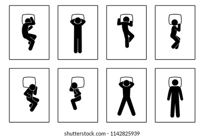 different pose of sleeping people, mattress and pillow, pictogram of man sleeping, stick figure man, set of vector icons