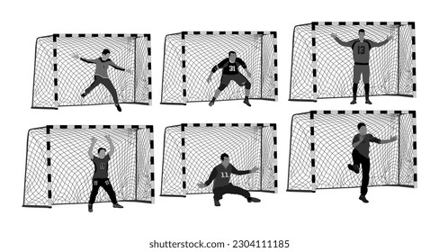 Different pose of soccer goalkeeper vector illustration isolated on white background. Handball goalkeeper save penalty. Football  goalkeeper and net. Defender sportsman position. Sportsman on goal.