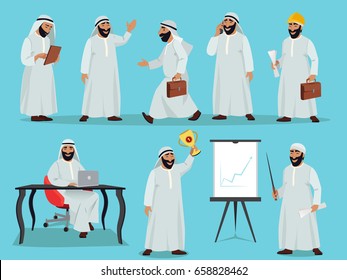 Different poses of arab businessman. Character design in flat style. Vector illustrations set