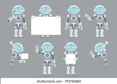 Diferentes poses niño adolescente robot androide inteligencia artificial futurista información interfaz diseño plano ilustración vectorial
