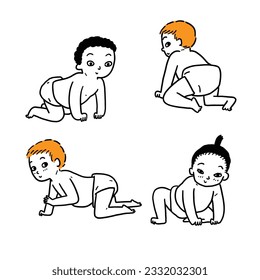 Different poses of children in crawling position. Hand drawing vector illustration line art.