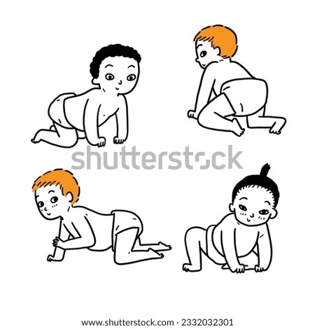 Different poses of children in crawling position. Hand drawing vector illustration line art.