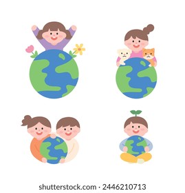 Different poses of children protecting the earth.