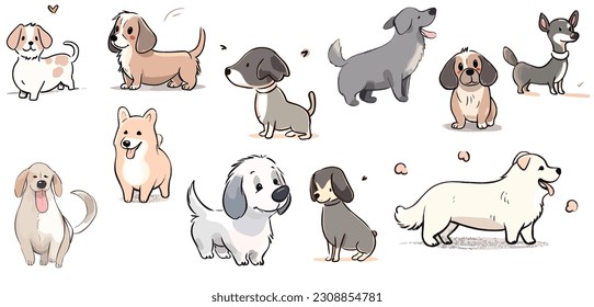 Different poses Cute cartoon dogs vector isolated white background, Happy poppy with smiling face for decoration and pets shop concept.