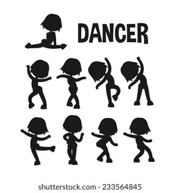 Different poses dancer silhouette set. Cartoon flat, kid style character, vector illustration. 