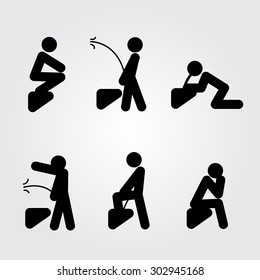 Different poses of a drunk men in toilet. Water closet creative icons.