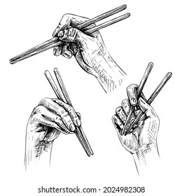 Verschiedene Posen weibliche Hände, die einen Stäbchen halten. Vintage-Vektorschraffur, schwarze Illustration einzeln auf weißem Hintergrund