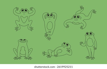 Different poses of funny frog. Anthropomorphic animal in doodle style.