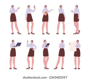 Different poses girl. Female cartoon character with display, laptop and book. Business woman, office professional or administrator, kicky vector person