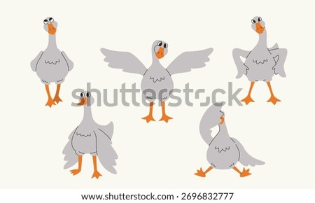 Different poses of goose. Cute bird in linear flat style.